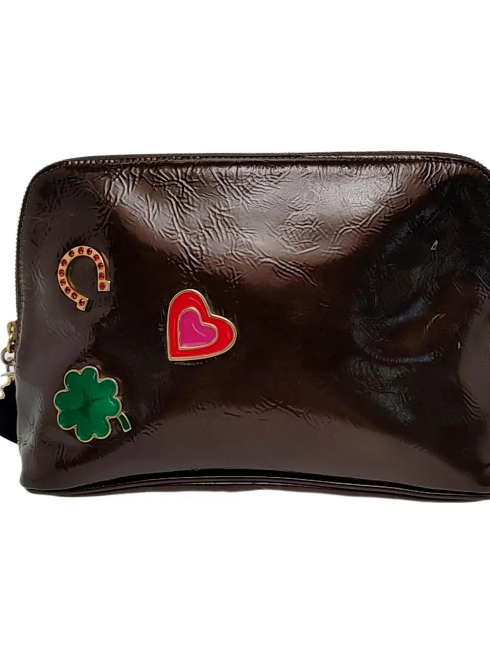 Loewe Dark Brown Patent Cosmetic Pouch with Enamel Charms